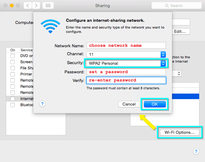 Okno opcji Wi-Fi menu udostępniania, z rozwijanym menu Zabezpieczenia i podświetlonym przyciskiem OK.
