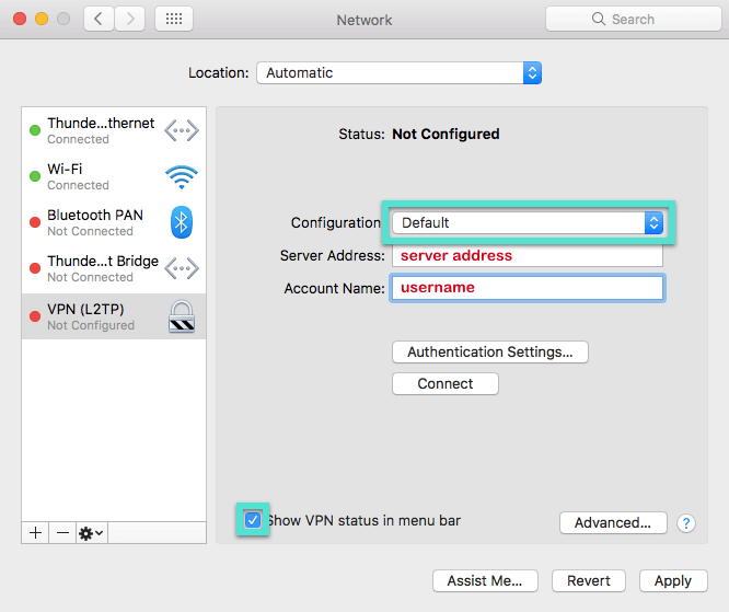 Menu Mac Network z menu rozwijanym Konfiguracja i zaznaczone pole statusu VPN.