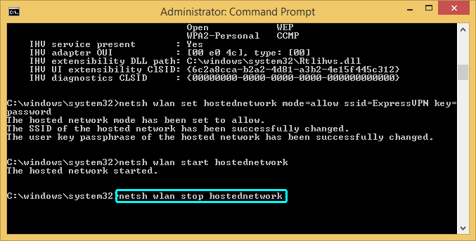 Prompt de comando do Windows com o comando de parada de rede destacado.