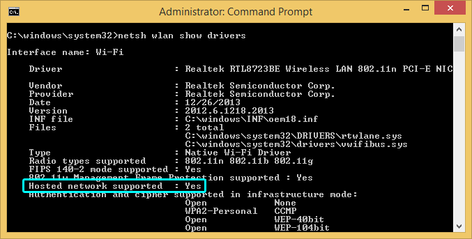 Prompt de comando do Windows com rede hospedada suportada: Sim realçado.