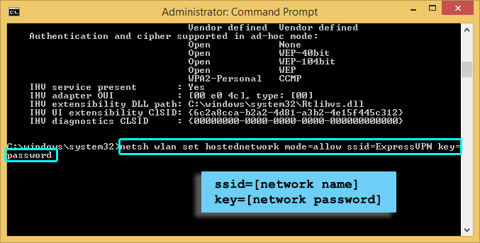 Wiersz polecenia systemu Windows zawierający nazwę sieci i hasło.