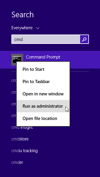 Pesquisa no Windows com Executar como administrador selecionado.