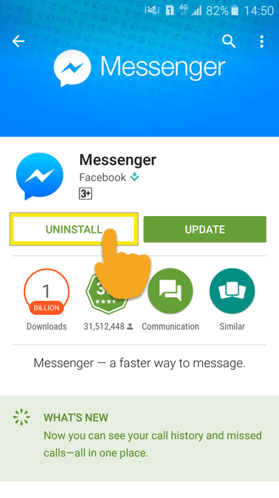 Play veikala Messenger lapa ar iezīmēto pogu Atinstalēt.