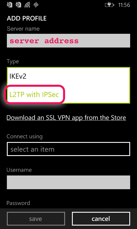 adicione um endereço de servidor e escolha l2tp