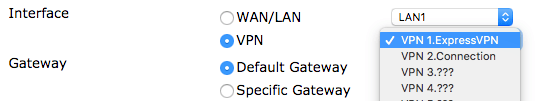 Het VPN-interfacescherm van de DrayTek-router, met de standaard gateway-instelling gemarkeerd.