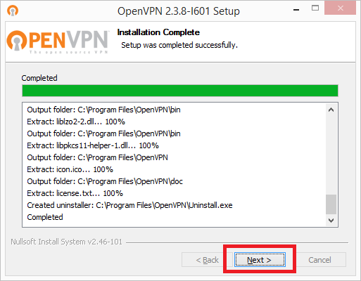 instalação concluída para o windows openvpn gui