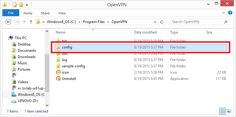 abra a pasta de configuração openvpn