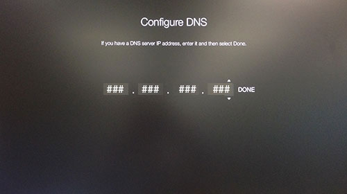 Apple TV Configureer DNS-scherm in afwachting van invoer van IP-adres.