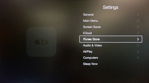 Apple TV-instellingenmenu met iTunes Store gemarkeerd.