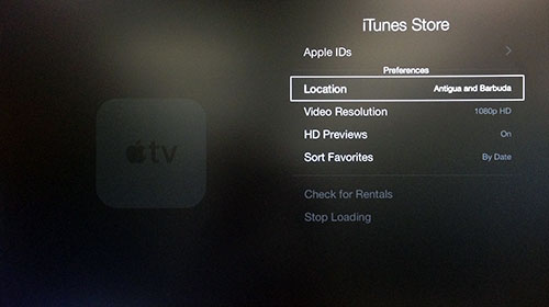 Apple TV iTunes Store-menu met Locatie gemarkeerd.