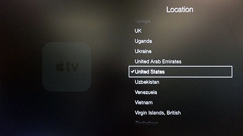 Apple TV-locatiemenu met Verenigde Staten gemarkeerd.