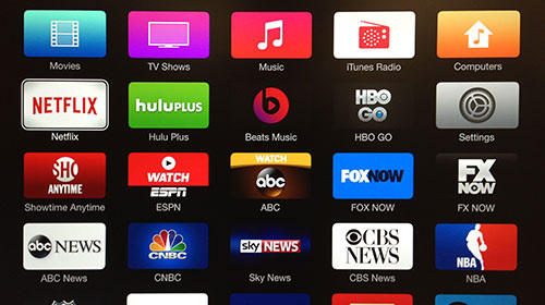 Apple TV-scherm met Amerikaanse contentproviders.
