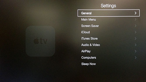 Apple TV-instellingenmenu met Algemeen gemarkeerd.