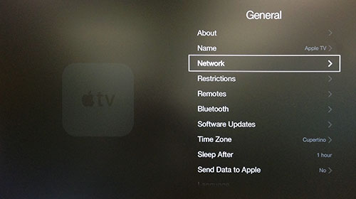 Apple TV Algemeen menu met Netwerk gemarkeerd.