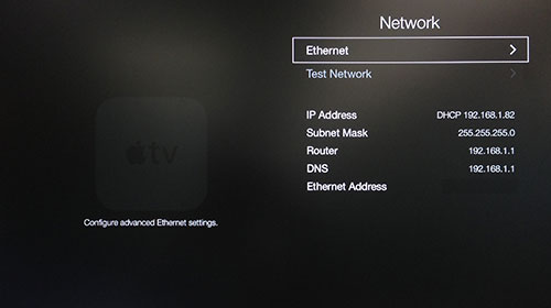 Apple TV Network-menu met Ethernet gemarkeerd.