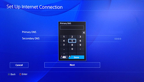 PlayStation Setup Internet Connection-scherm met primaire DNS-invoerpad.