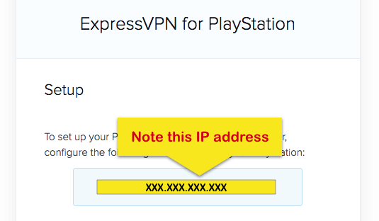 ExpressVPN PlayStation-installatiescherm met IP-adres gemarkeerd.