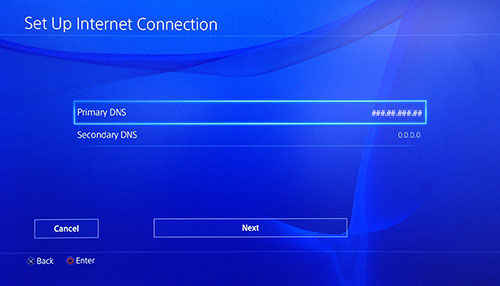 PlayStation Internet-verbindingsscherm instellen met primaire DNS geselecteerd.