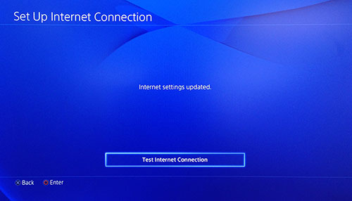 PlayStation Setup Internet Connection-scherm met Test Internet Connection geselecteerd.