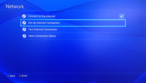 Экран PlayStation Network с выбранной настройкой подключения к Интернету.