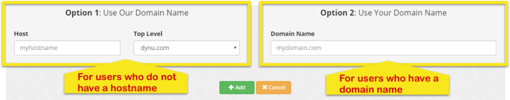 Dynu DDNS-pagina met optie 1 (voor gebruikers die geen hostnaam hebben) en optie 2 (voor gebruikers die dat wel hebben).