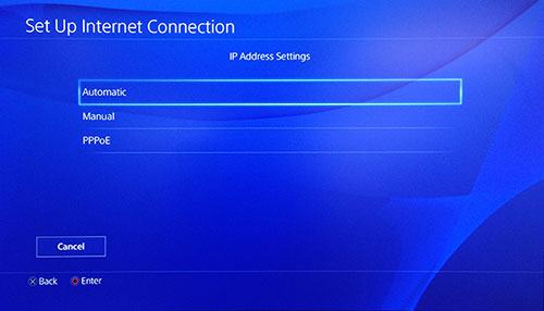 PlayStation IP-adresinstellingenscherm met automatisch geselecteerd.