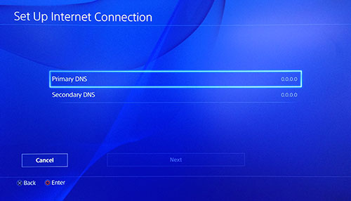 Страница подключения к Интернету PlayStation с выбранным основным DNS.