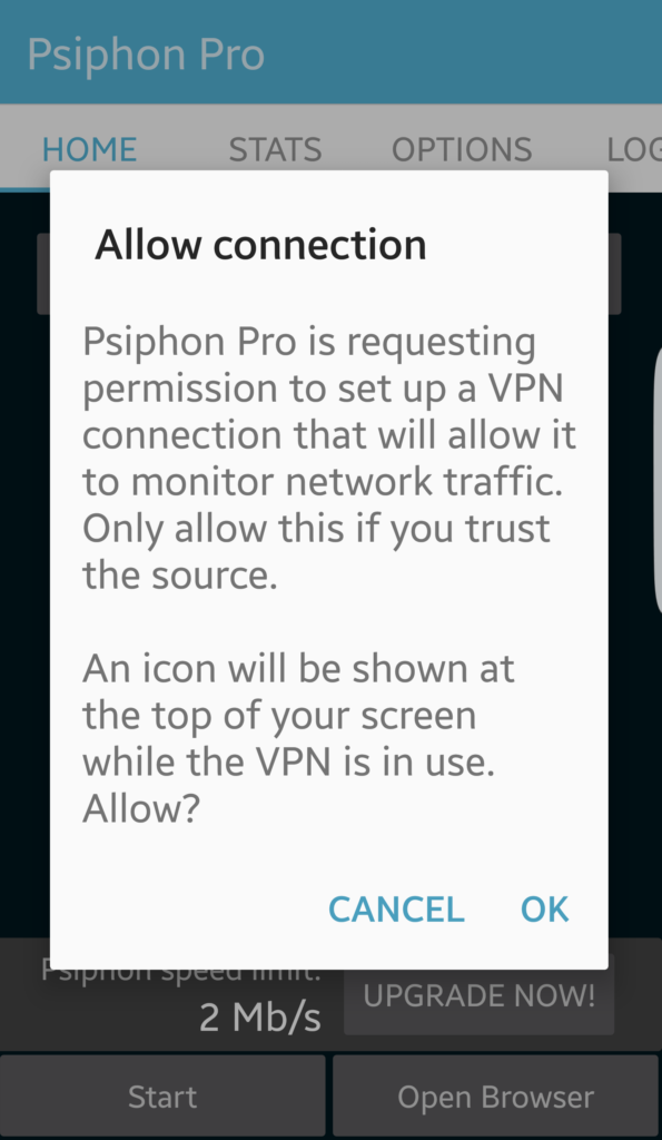 Psiphon para sa pahintulot ng Android na magpatakbo ng VPN
