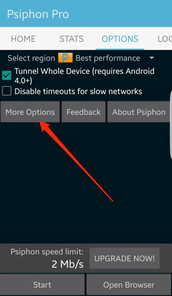 Psiphon para sa Android na nagpapakita ng aktibo sa VPN
