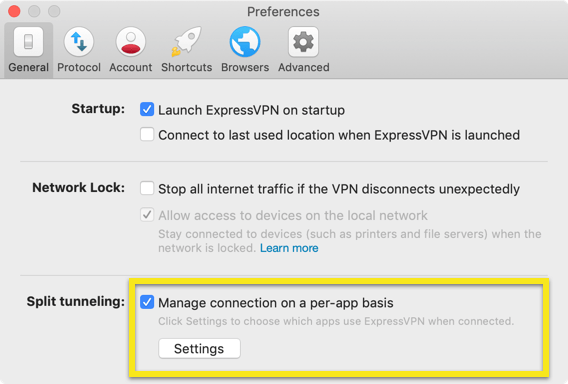 De ExpressVPN split tunneling instellingen op Mac.