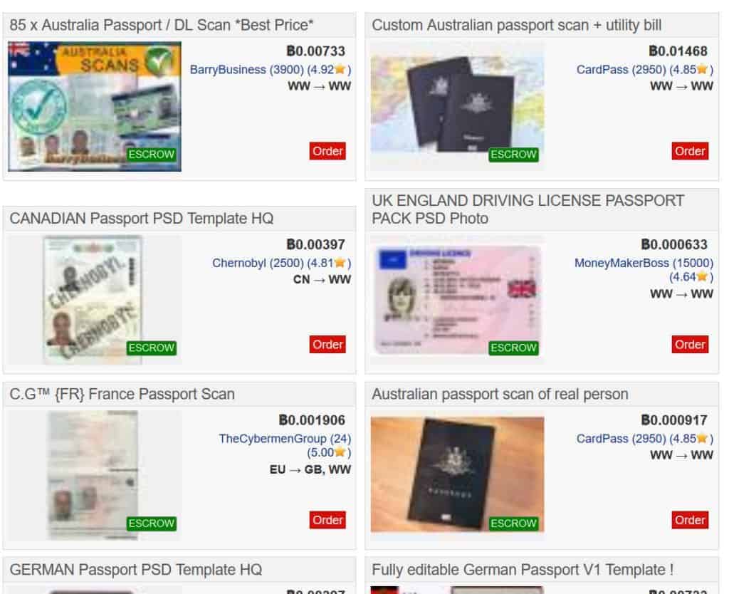 mga pasaporte na ibinebenta sa madilim na web