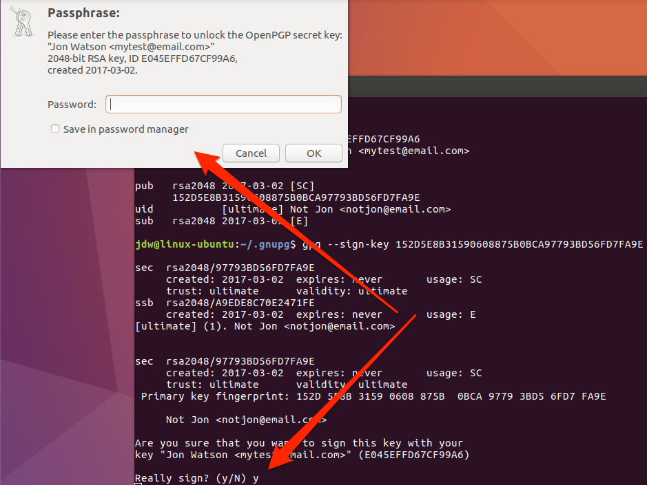 Командний рядок підпису пароля ключа Ubuntu GPG