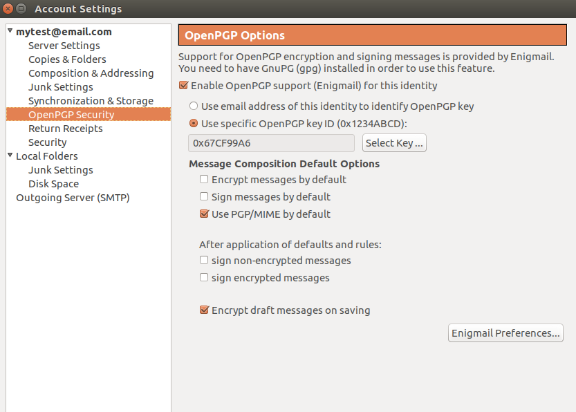 Параметри налаштувань облікового запису Ubuntu engimail