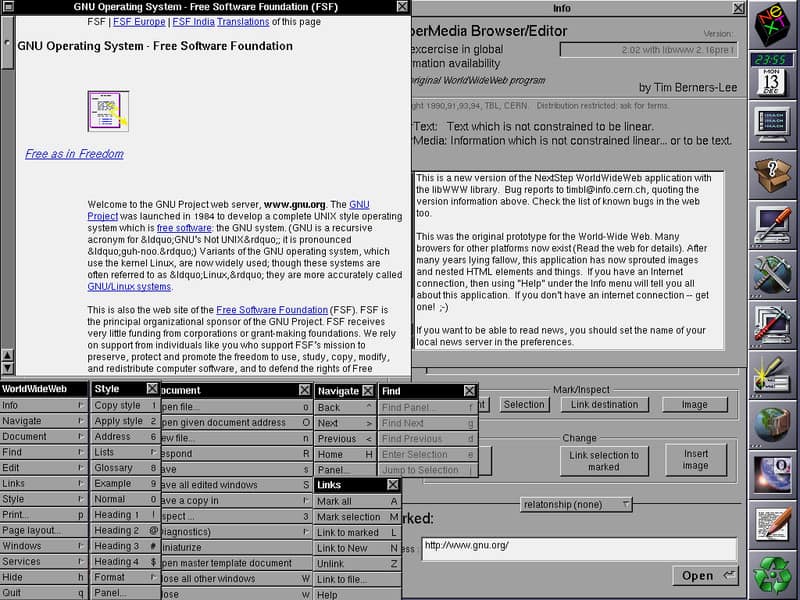 WorldWideWeb (оригінальний веб-браузер на базі NeXT), що показує багато його функцій / публічне надбання / Тім Бернерс-Лі для CERN / Створено: 13 грудня 1994 р.