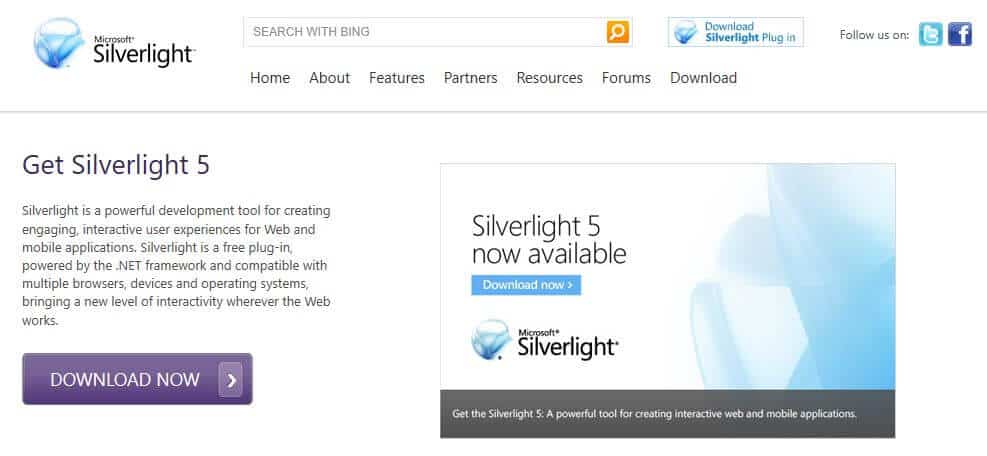 Homepage ng Microsoft Silverlight.
