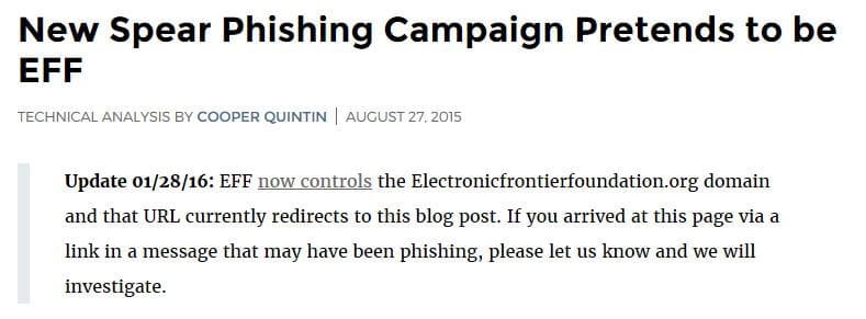 Isang pag-update sa post ng blog ng EFF patungkol sa domain phishing domain.