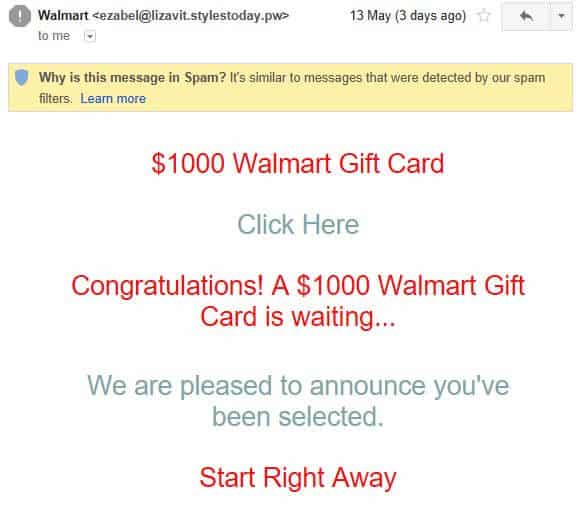 Isang pekeng email na Walmart na naglalaman ng isang link sa phishing.